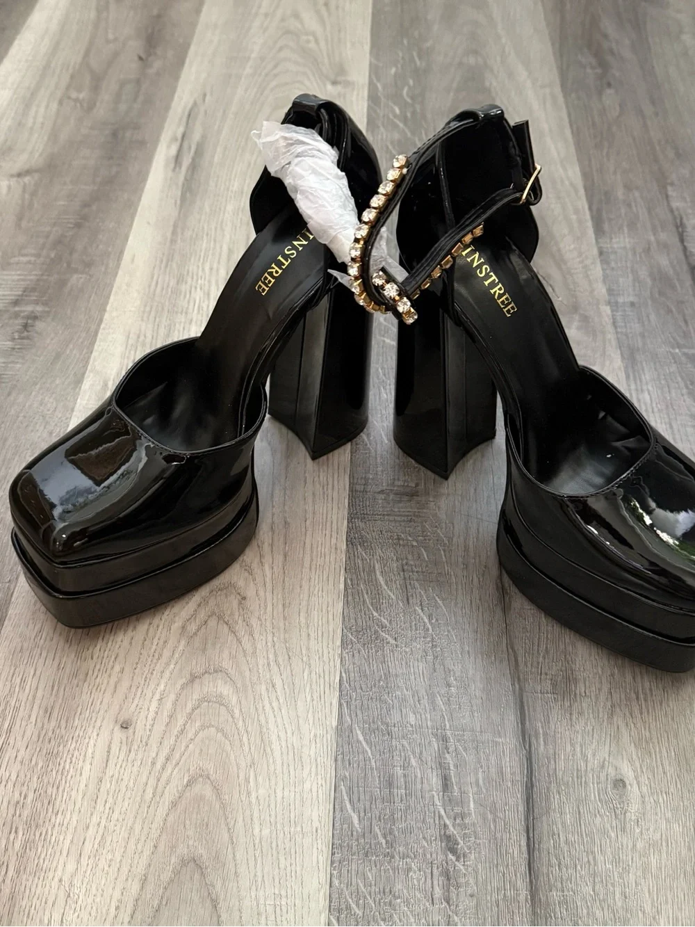 NWOB Patent Platform Block Heels with Rhinestone Ankle Strap - Black Size 10